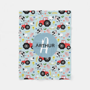 Boys Cute Boerderij Animal Tractor Pattern & Name  Fleece Deken