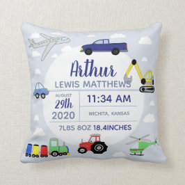 Boys Cute Car Airplane Name Baby Boy Birth Stats Kussen
