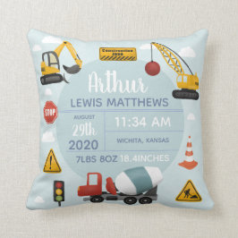 Boys Cute Construction Digger Baby Boy Birth Stats Kussen