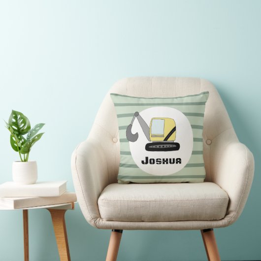 Boys Cute Construction Digger Excavator and Name Kussen (Stoel)