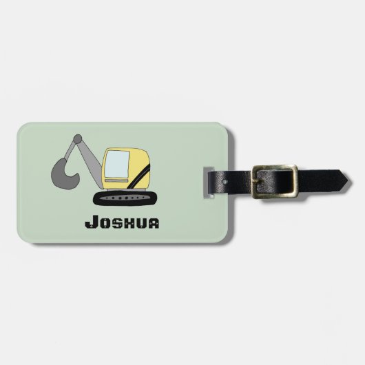 Boys Cute Digger Excavator Doodle en Name Bagagelabel (Voorkant horizontaal)