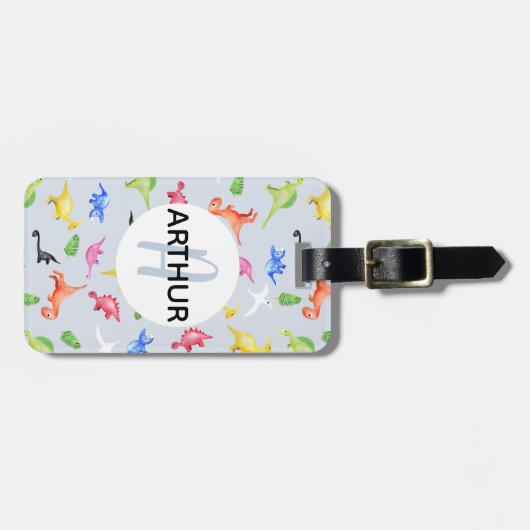 Boys Cute Dinosaur Pattern Monogram Name Kinder Bagagelabel (Voorkant horizontaal)