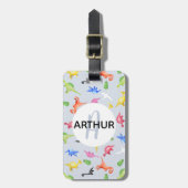 Boys Cute Dinosaur Pattern Monogram Name Kinder Bagagelabel (Voorkant verticaal)