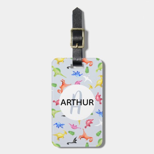 Boys Cute Dinosaur Pattern Monogram Name Kinder Bagagelabel (Voorkant verticaal)