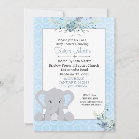 Boys Cute Elephant Floral Baby shower Kaart (Voorkant)