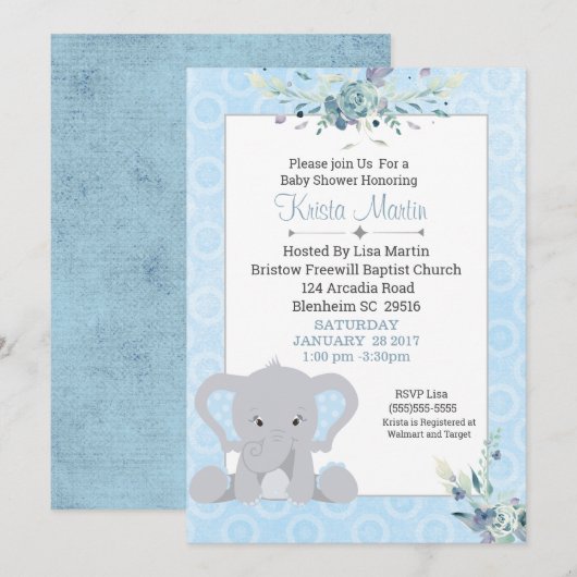 Boys Cute Elephant Floral Baby shower Kaart (Voorkant / Achterkant)