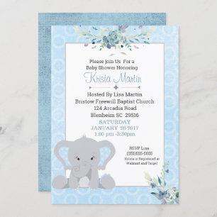 Boys Cute Elephant Floral Baby shower Kaart