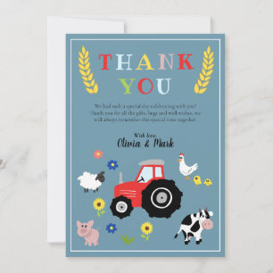 Boys Cute Farm Animals Tractor Baby shower Bedankkaart