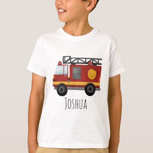 Boys Cute Fire Engine Truck and Name T-shirt (Voorkant)