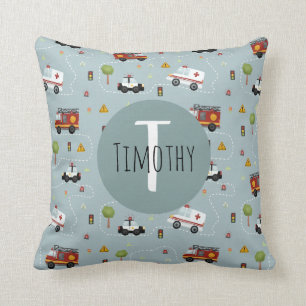 Boys Cute Fire Truck & Police Car and Name Kinder Kussen