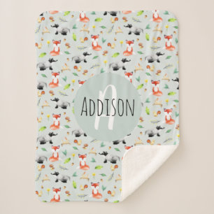 Boys Cute Forest Animal Pattern Fox & Name Kinder Sherpa Deken