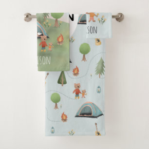 Boys Cute Forest Beren Camping Pattern & Name Kind Bad Handdoek