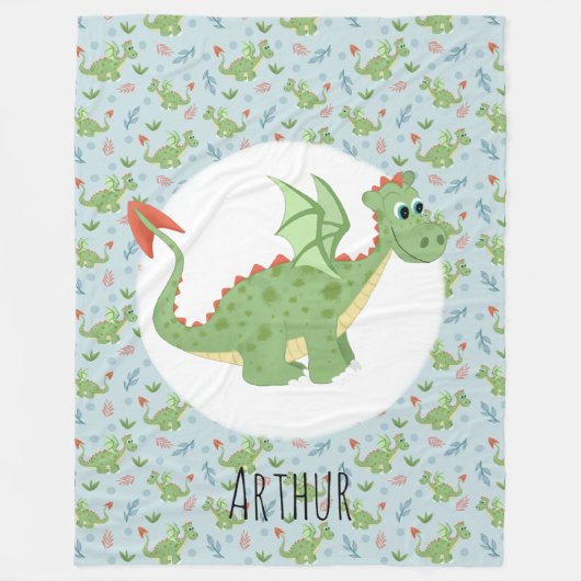 Boys Cute Green Dragon Cartoon Pattern & Name Kind Fleece Deken (Voorkant)
