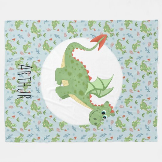 Boys Cute Green Dragon Cartoon Pattern & Name Kind Fleece Deken (Voorkant (Horizontaal))