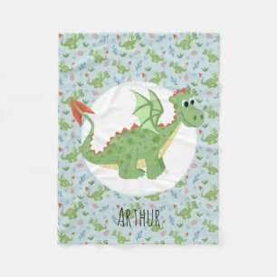 Boys Cute Green Dragon Cartoon Pattern & Name Kind Fleece Deken
