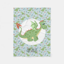 Boys Cute Green Dragon Pattern & Name Kinder Small Fleece Deken