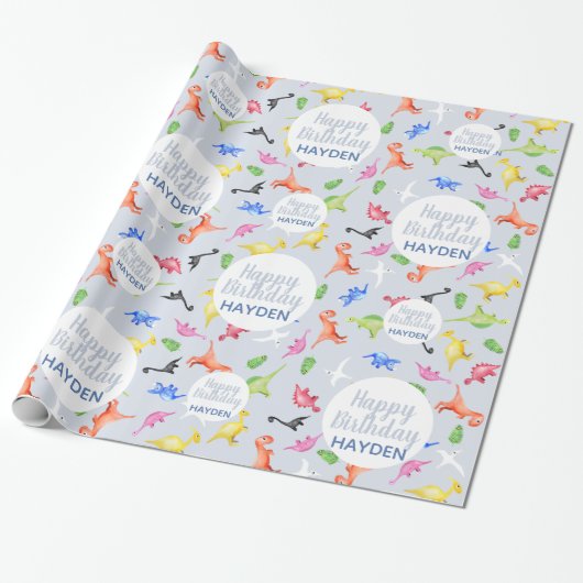 Boys Cute Happy Birthday Dinosaurs Kinder Cadeaupapier (Uitgerold)