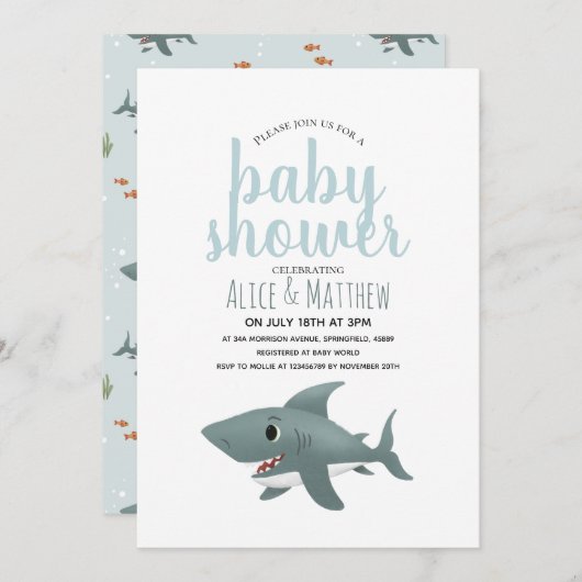 Boys Cute Modern Blue Ocean Shark Baby shower Kaart (Voorkant / Achterkant)