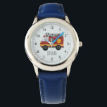 Boys Cute Modern Fire Engine Kind Horloge<br><div class="desc">Dit schattige en moderne kind horloge heeft een cartoon van een brandweerauto en een plek waar je je jongen's naam kunt toevoegen. Ideaal voor elk kind dat droomt van brandweerman! Met duidelijke getallen en een blauwe achtergrond, is dit vuurwapenhorloge geweldig voor een klein beetje om de tijd te leren kennen....</div>