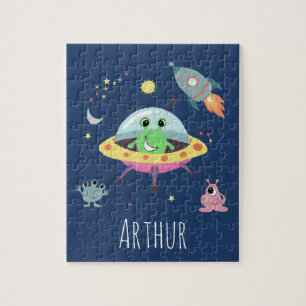 Boys Cute Modern Space Alien Cartoon & Name Kinder Legpuzzel