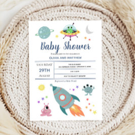 Boys Cute Modern Space Alien Rocket Baby shower Kaart