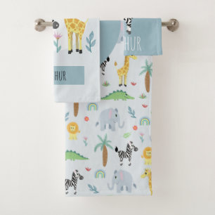 Boys Cute Oerwoud Safari Animals Zebra en naam Kin Bad Handdoek