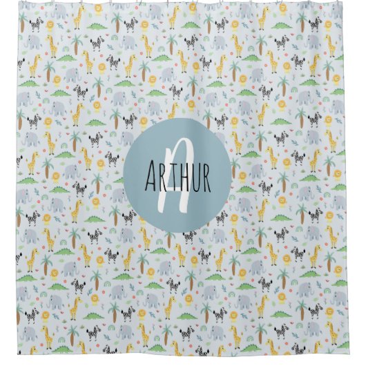 Boys Cute Oerwoud Safari Animals Zebra en naam Kin Douchegordijn (Voorkant)