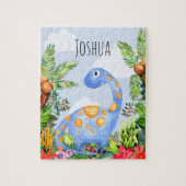 Boys Cute Oerwoud Waterverf Dinosaur en Name Kinde Legpuzzel (Verticaal)