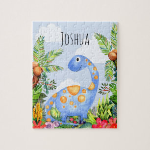 Boys Cute Oerwoud Waterverf Dinosaur en Name Kinde Legpuzzel
