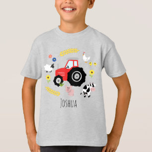 Boys Cute Red Boerderij Tractor and Animals T-shirt