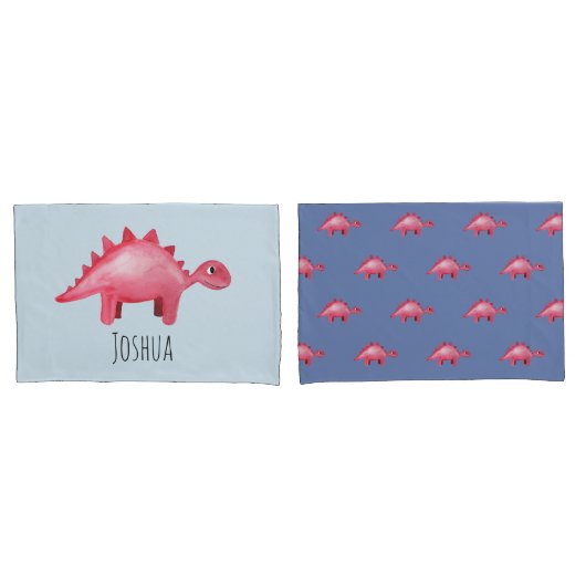 Boys Cute Red Waterverf Dinosaur en Name Kinder Kussensloop (Voorkant-Set)