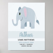 Boys Cute Safari Elephant Birth Stats Baby Nursery Poster (Voorkant)