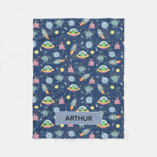 Boys Cute Space Alien Cartoon Pattern & Name Kinde Fleece Deken