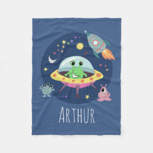 Boys Cute Space Alien Rocket Cartoon & Name Kinder Fleece Deken