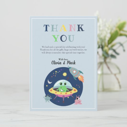 Boys Cute Space Alien Rocket Shiket Baby shower Bedankkaart (Staand voorkant)