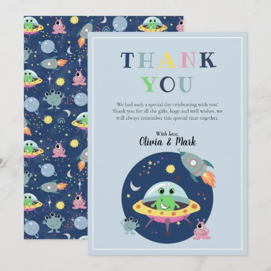 Boys Cute Space Alien Rocket Shiket Baby shower Bedankkaart (Voorkant / Achterkant)