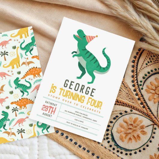 Boys Cute T Rex Dinosaur Kids 4th Birthday Kaart