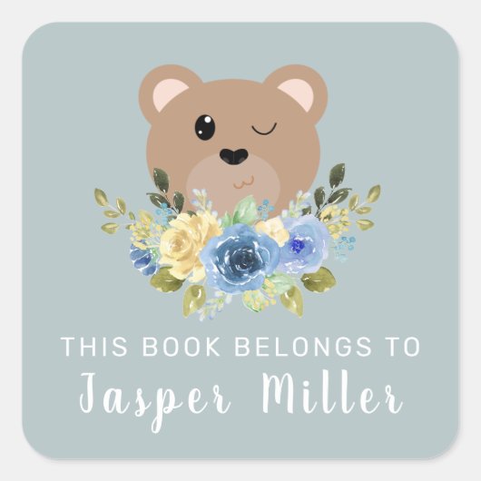 Boys Cute Teddy Bear Dusty Blue & Name Kinder Vierkante Sticker (Voorkant)