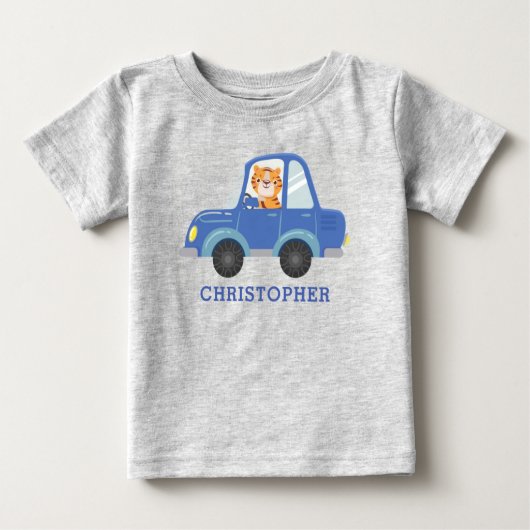 Boys Cute Tiger Driving Blue Car Persoonlijke naam (Voorkant)
