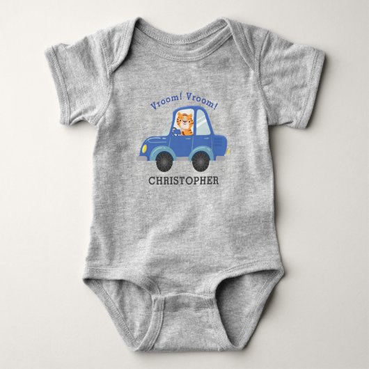 Boys Cute Tiger Driving Blue Car Persoonlijke naam Romper (Voorkant)