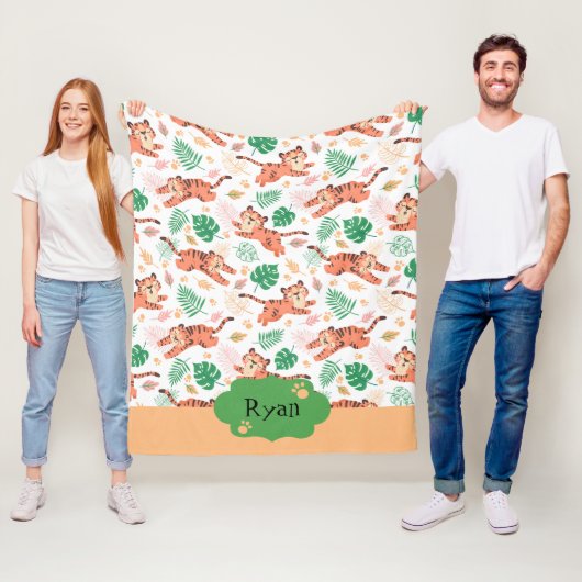 Boys Cute Tiger Wild Oerwoud Safari Kinder naam Fleece Deken (In situ)