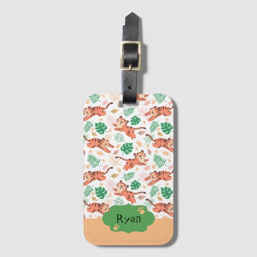 Boys Cute Tiger Wild Oerwoud Safari, met naam Kind Bagagelabel (Voorkant (verticaal))