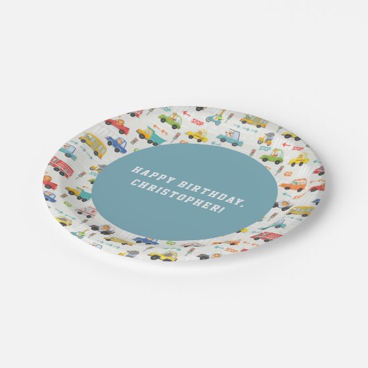 Boys Cute Transport Car Pattern Kinderen Birthday Papieren Bordje (Gekanteld)