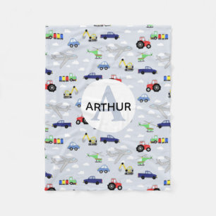 Boys Cute Transport Car Pattern Monogram Naam Kind Fleece Deken