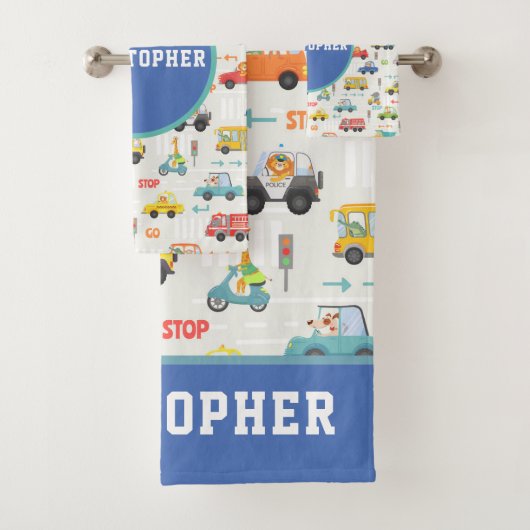 Boys Cute Transport Car Pattern Name Kinder Bad Handdoek (Insitu)