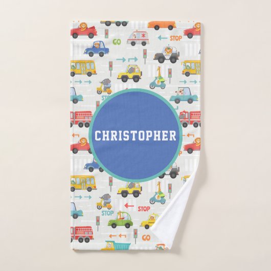 Boys Cute Transport Car Pattern Name Kinder Bad Handdoek (Handdoek)
