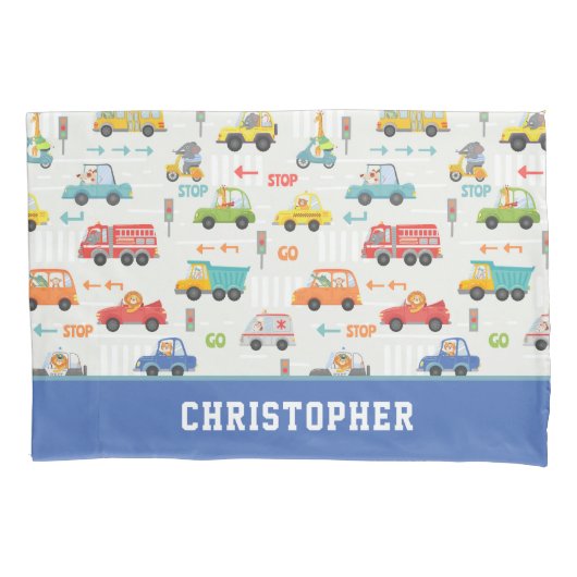 Boys Cute Transport Car Pattern Persoonlijke naam Kussensloop (Voorkant)