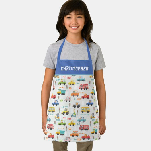 Boys Cute Transport Car Pattern Persoonlijke naam Schort (Insitu)