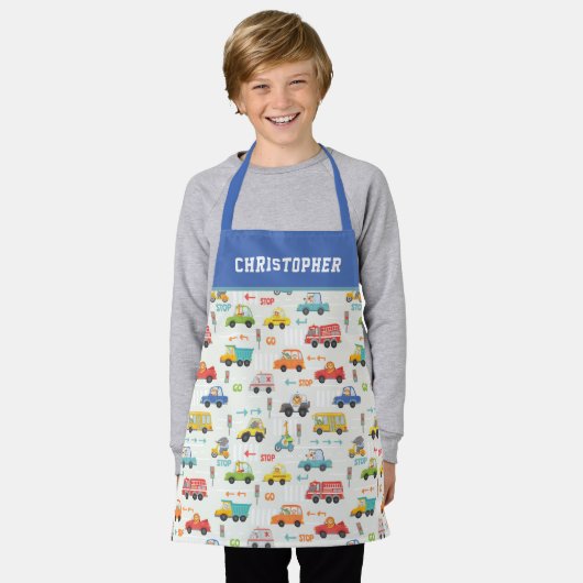 Boys Cute Transport Car Pattern Persoonlijke naam Schort (Gedragen)