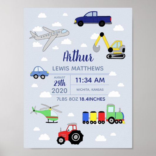 Boys Cute Transport Car Train Baby Neursery Poster (Voorkant)